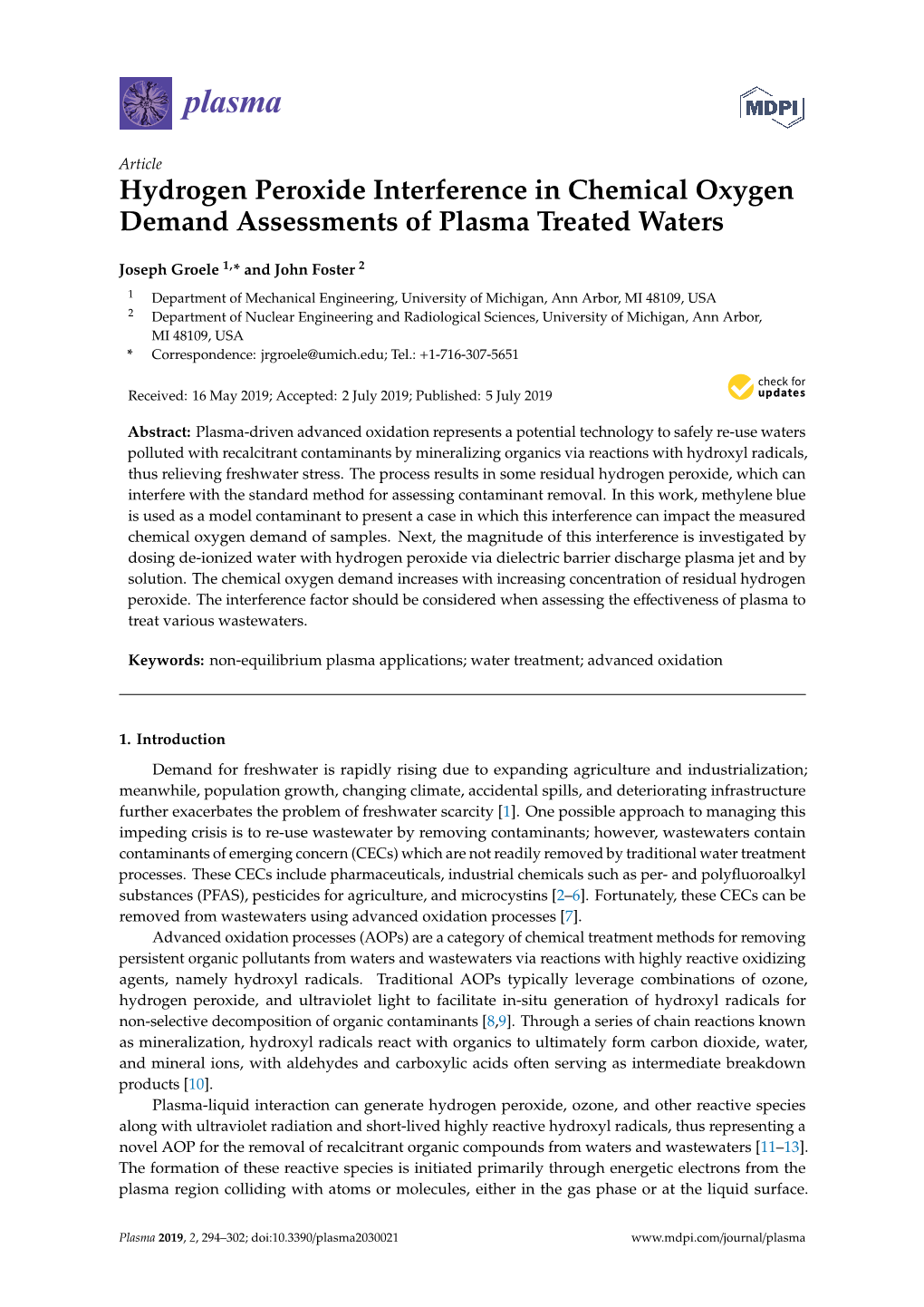 Hydrogen Peroxide Interference in Chemical Oxygen Demand Assessments of Plasma Treated Waters