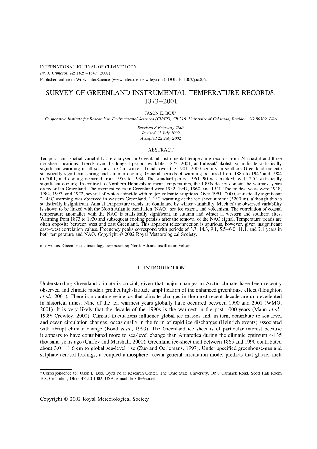 Survey of Greenland Instrumental Temperature Records: 1873–2001