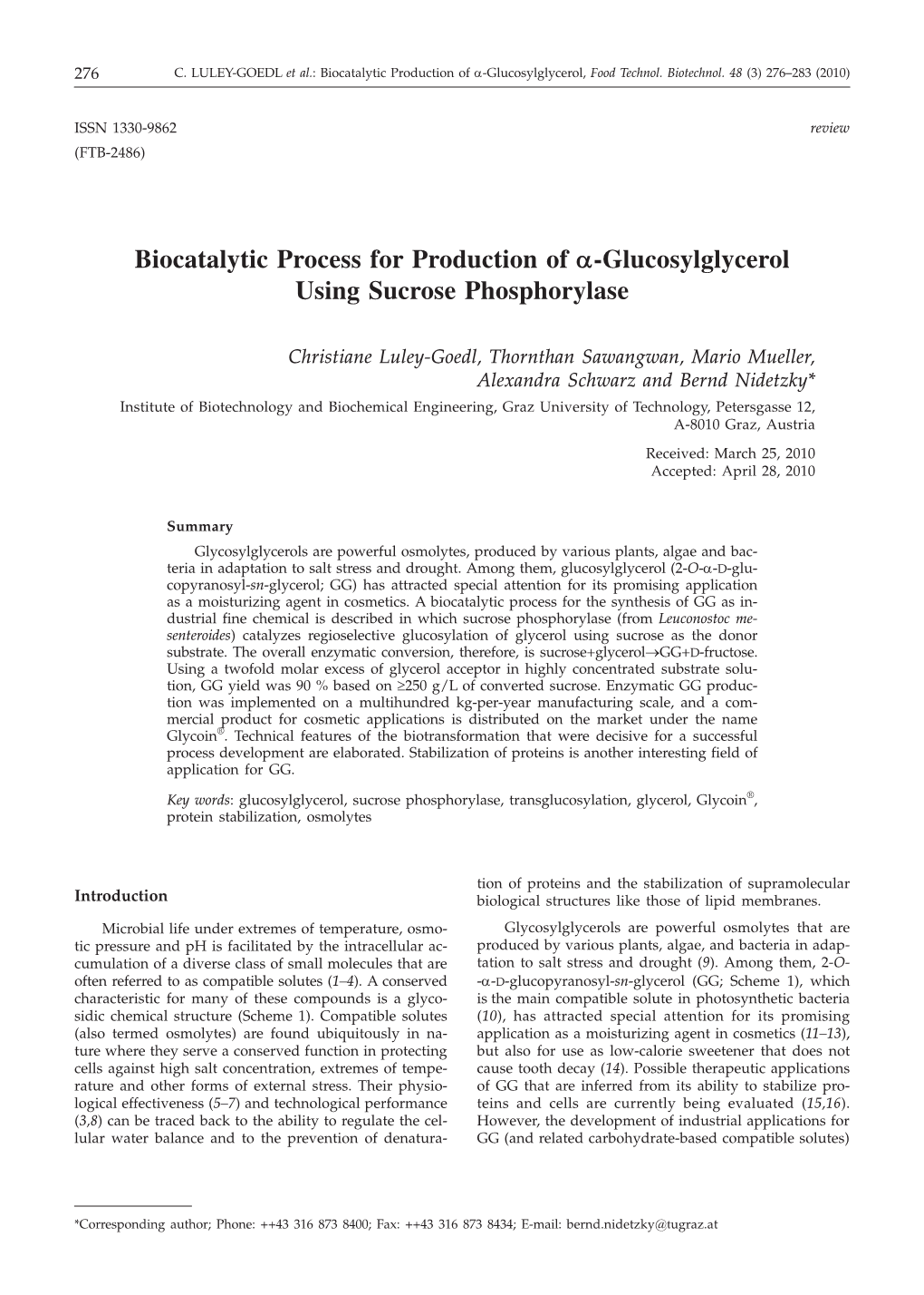 Biocatalytic Process for Production of A-Glucosylglycerol Using Sucrose Phosphorylase