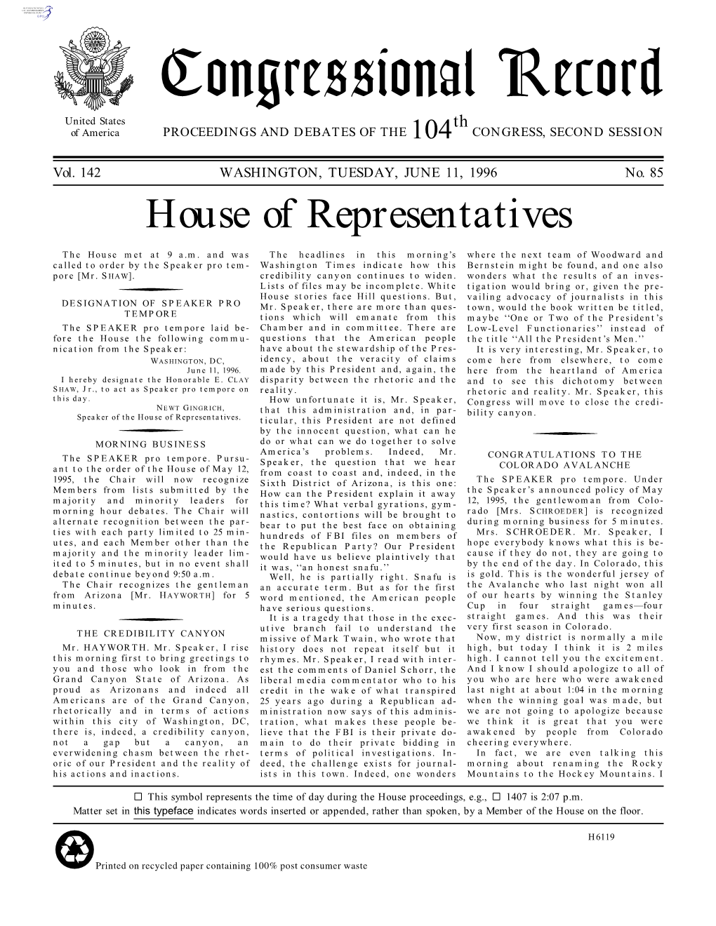 Congressional Record United States Th of America PROCEEDINGS and DEBATES of the 104 CONGRESS, SECOND SESSION