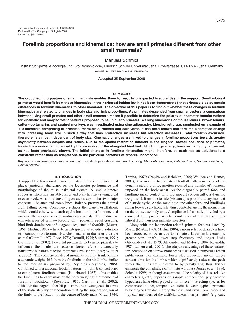 Forelimb Proportions and Kinematics: How Are Small Primates Different from Other Small Mammals?