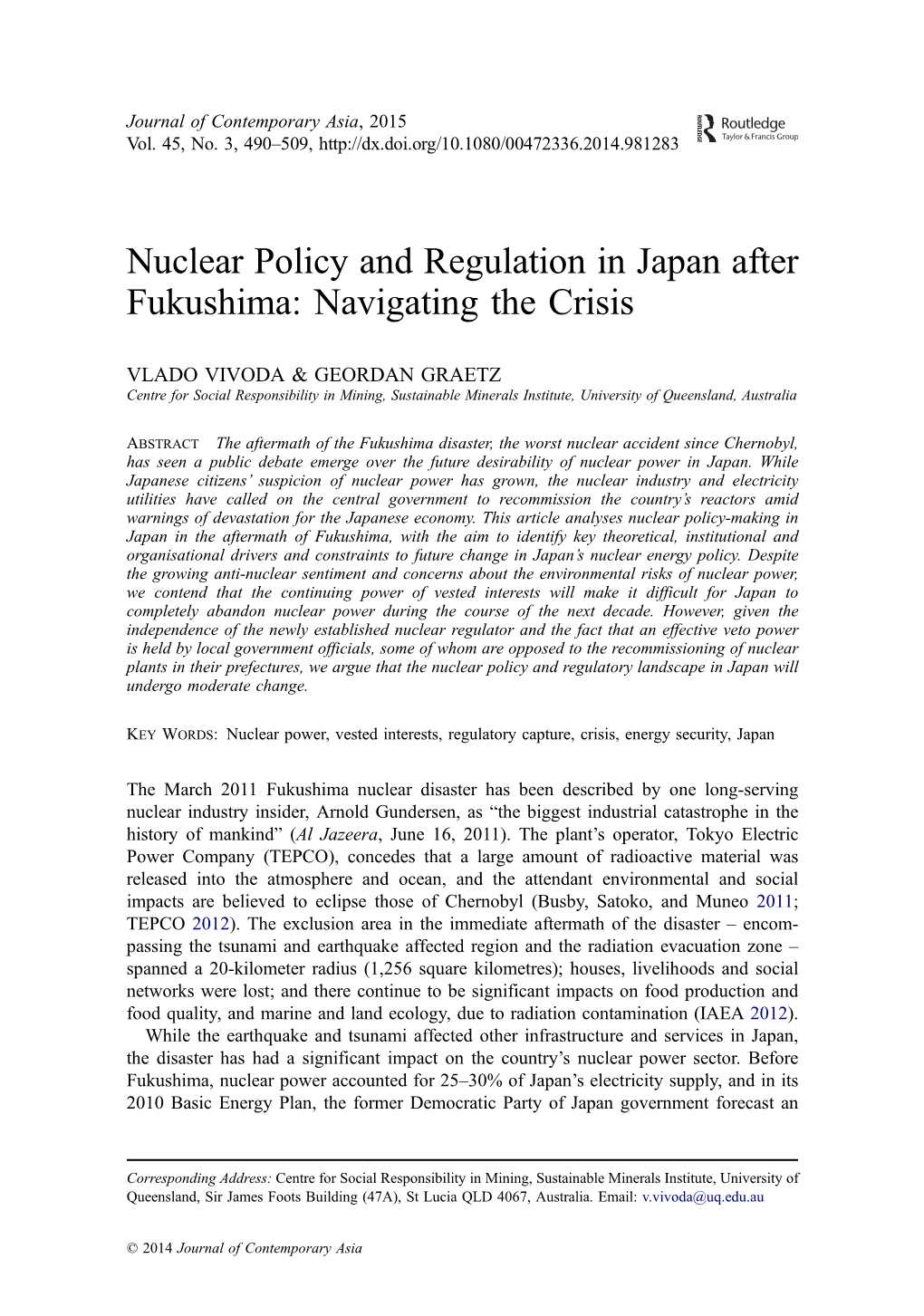 Nuclear Policy and Regulation in Japan After Fukushima: Navigating the Crisis