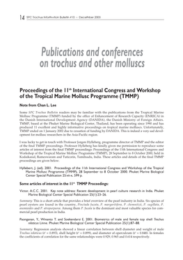 Publications and Conferences on Trochus and Other Molluscs
