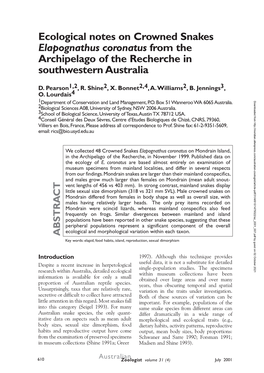 Ecological Notes on Crowned Snakes Elapognathus Coronatus from the Archipelago of the Recherche in Southwestern Australia