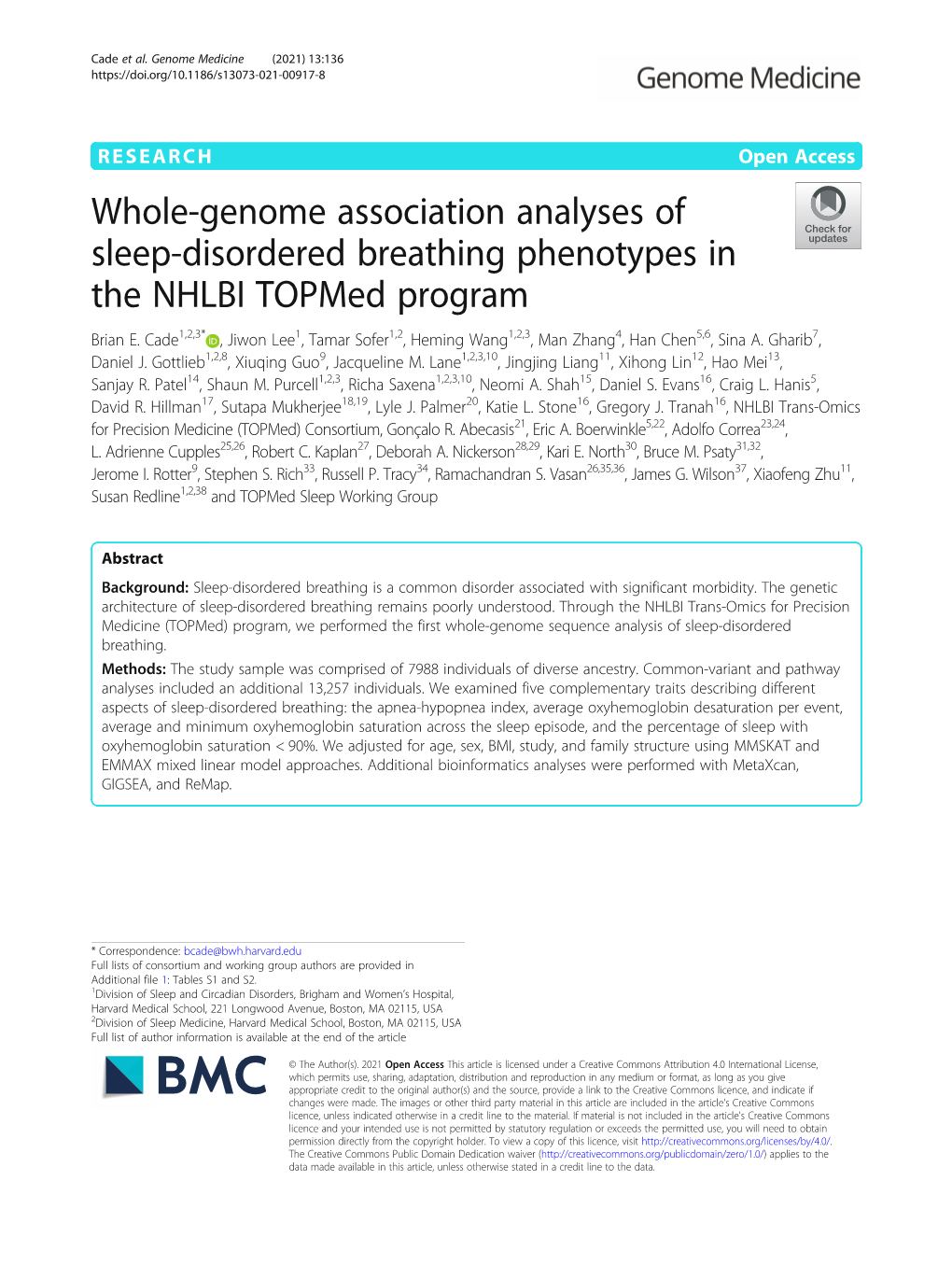 Whole-Genome Association Analyses of Sleep-Disordered Breathing Phenotypes in the NHLBI Topmed Program Brian E