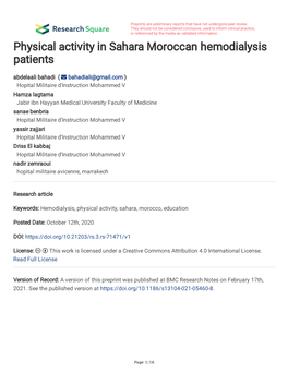 Physical Activity in Sahara Moroccan Hemodialysis Patients