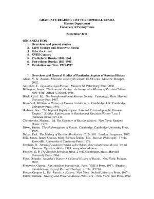 Suggested Readings for Phd Qualifying Exam in Imperial Russia