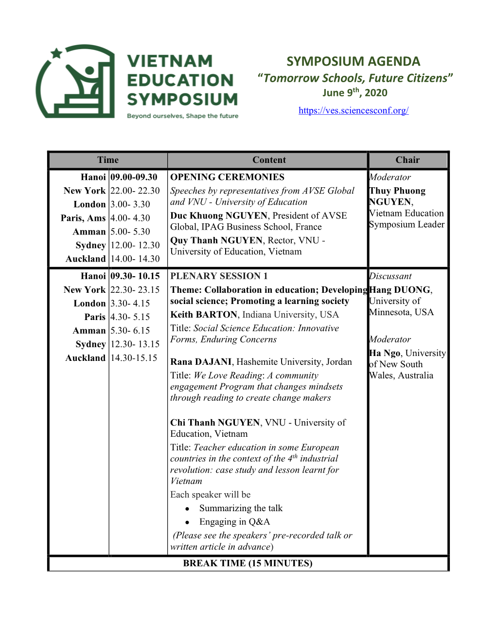 SYMPOSIUM AGENDA “Tomorrow Schools, Future Citizens” June 9Th, 2020