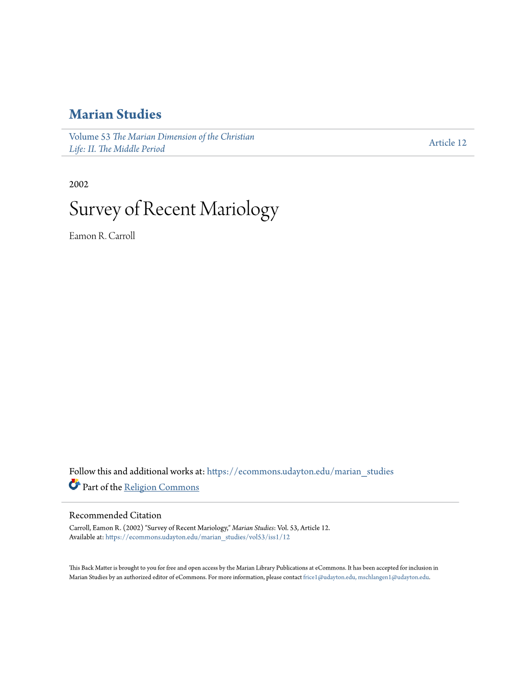 Survey of Recent Mariology Eamon R