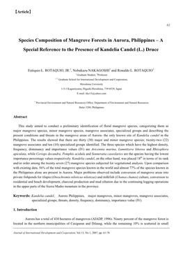 Species Composition of Mangrove Forests in Aurora, Philippines – a Special Reference to the Presence of Kandelia Candel (L.) Druce