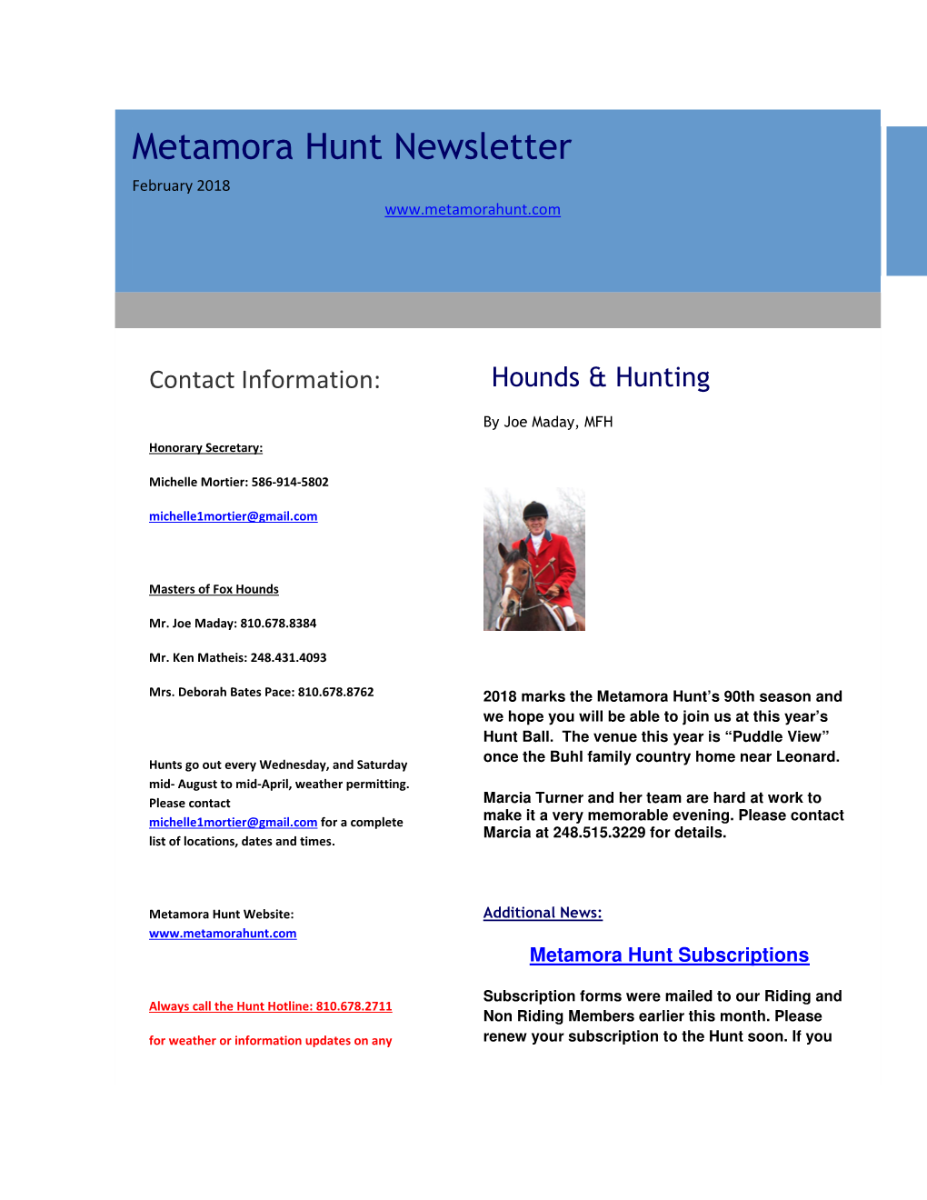 Metamora Hunt Newsletter February 2018