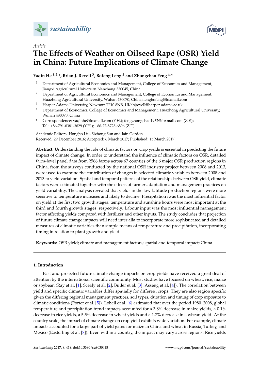 The Effects of Weather on Oilseed Rape (OSR) Yield in China: Future Implications of Climate Change