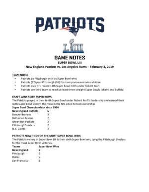 GAME NOTES SUPER BOWL LIII New England Patriots Vs