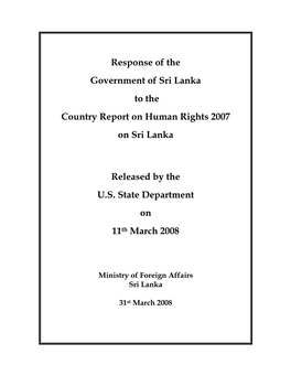 Response of the Government of Sri Lanka to the Country Report on Human Rights 2007 on Sri Lanka