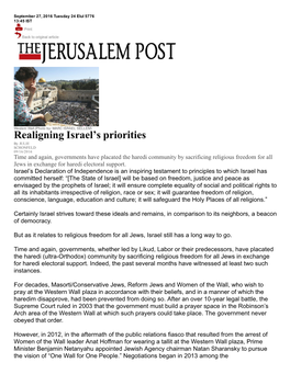 'Realigning Israel's Priorities' by Rabbi Julie Schonfeld