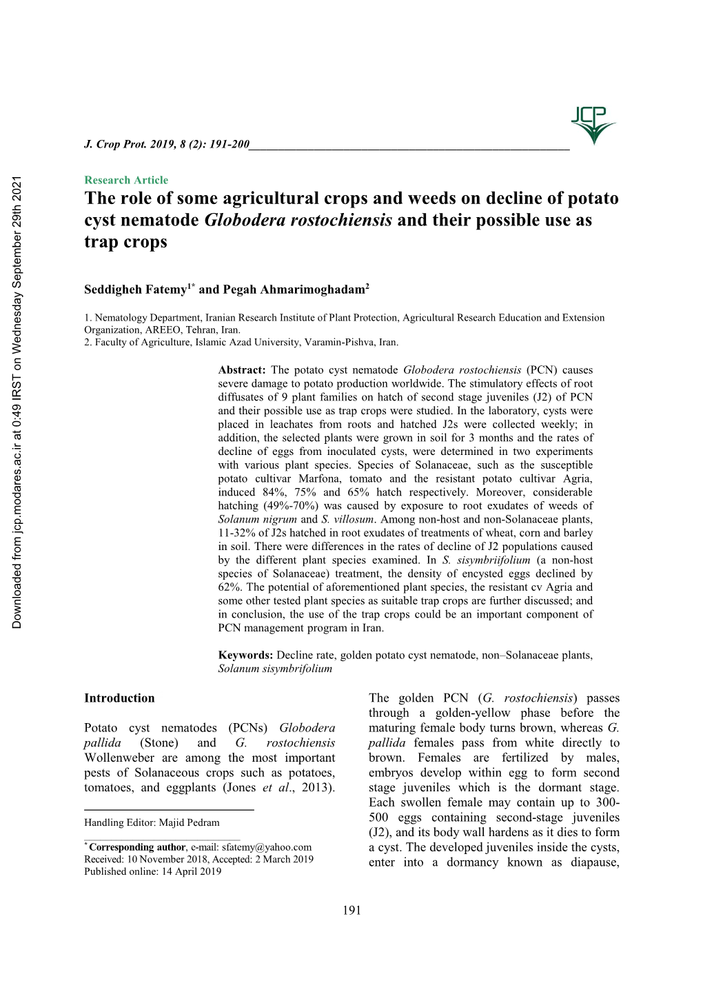 The Role of Some Agricultural Crops and Weeds on Decline of Potato Cyst Nematode Globodera Rostochiensis and Their Possible Use As Trap Crops