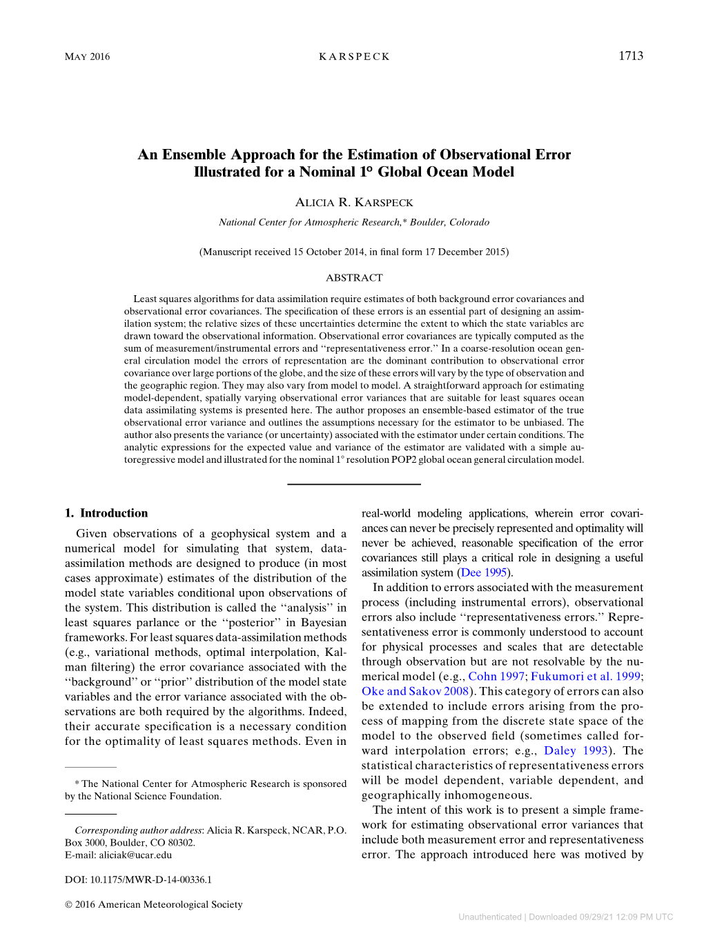 An Ensemble Approach for the Estimation of Observational Error Illustrated for a Nominal 1° Global Ocean Model