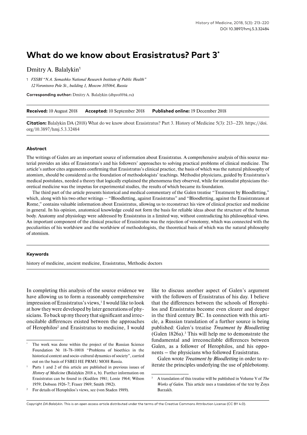 What Do We Know About Erasistratus? Part 3*