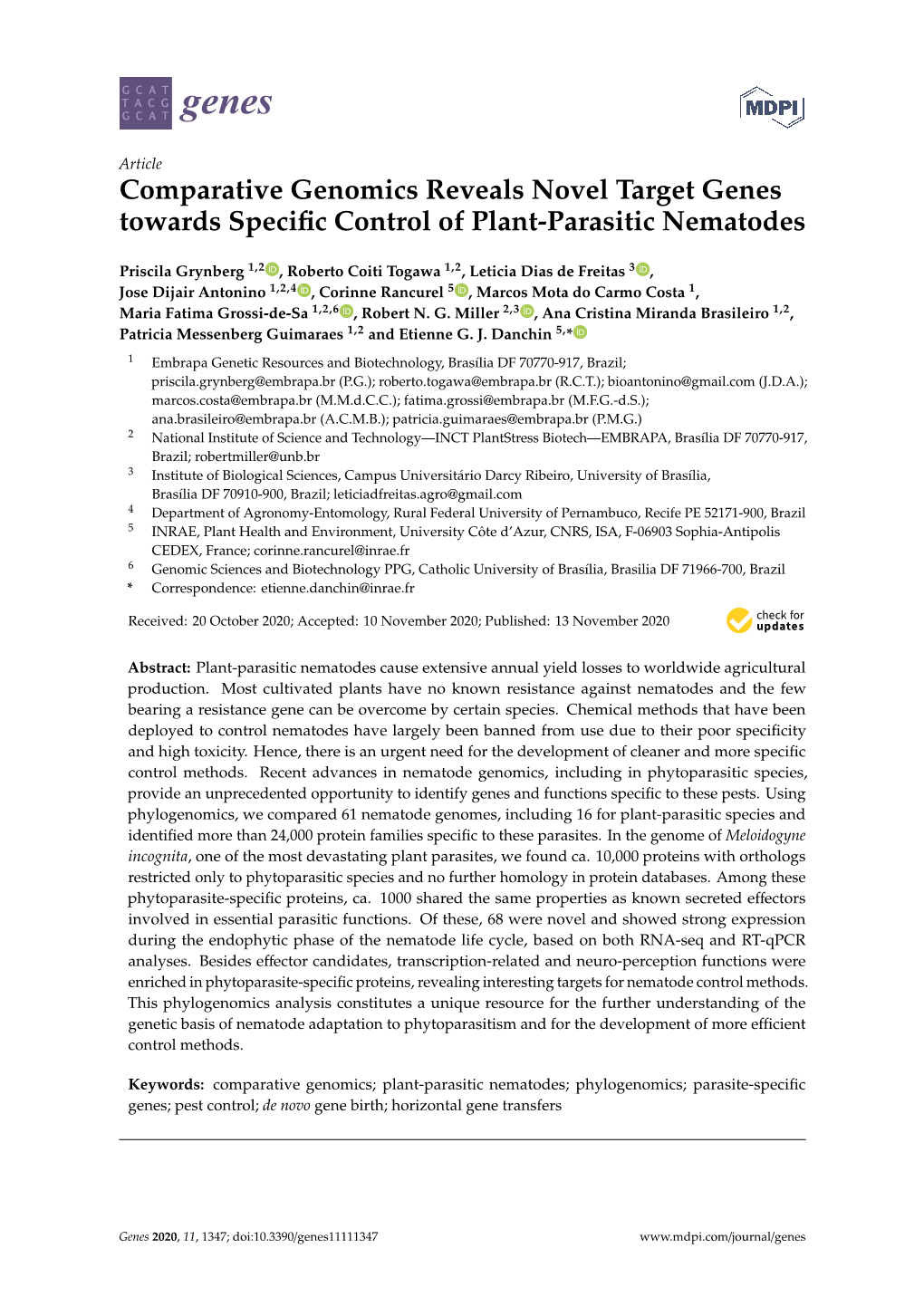 Comparative Genomics Reveals Novel Target Genes Towards Speciﬁc Control of Plant-Parasitic Nematodes