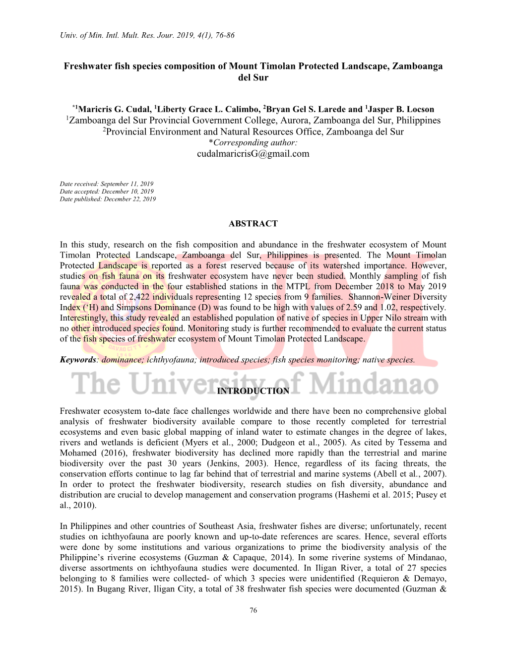 Freshwater Fish Species Composition of Mount Timolan Protected Landscape, Zamboanga Del Sur