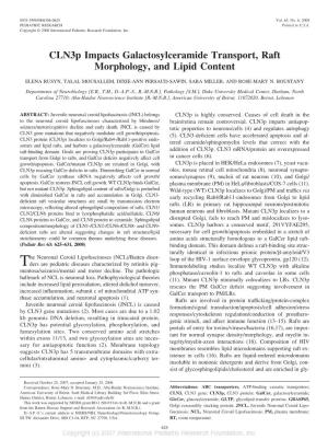 Cln3p Impacts Galactosylceramide Transport, Raft Morphology, and Lipid Content