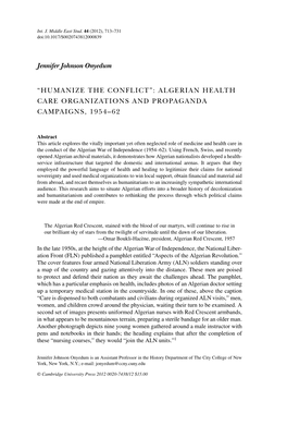 Algerian Health Care Organizations and Propaganda Campaigns, 1954–62