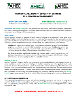 Vermont Area Health Education Centers 2018 Summer Opportunities