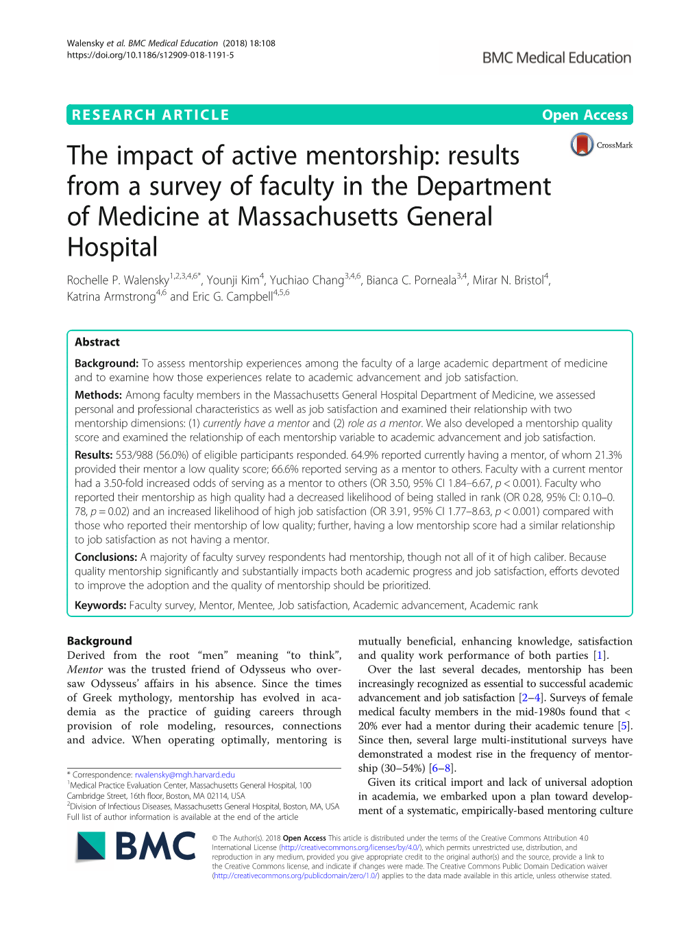The Impact of Active Mentorship: Results from a Survey of Faculty in the Department of Medicine at Massachusetts General Hospital Rochelle P