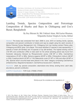 Landing Trends, Species Composition and Percentage Composition of Sharks and Rays in Chittagong and Cox’S Bazar, Bangladesh by Roy Bikram Jit, Md