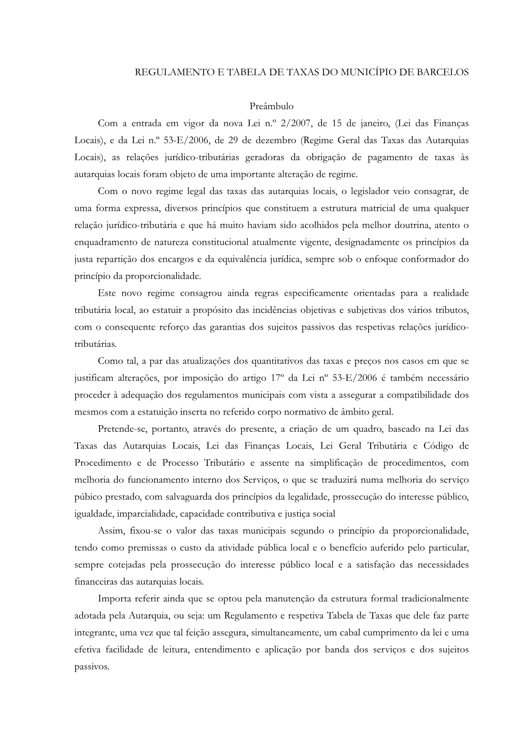 Regulamento E Tabela De Taxas Do Município De Barcelos