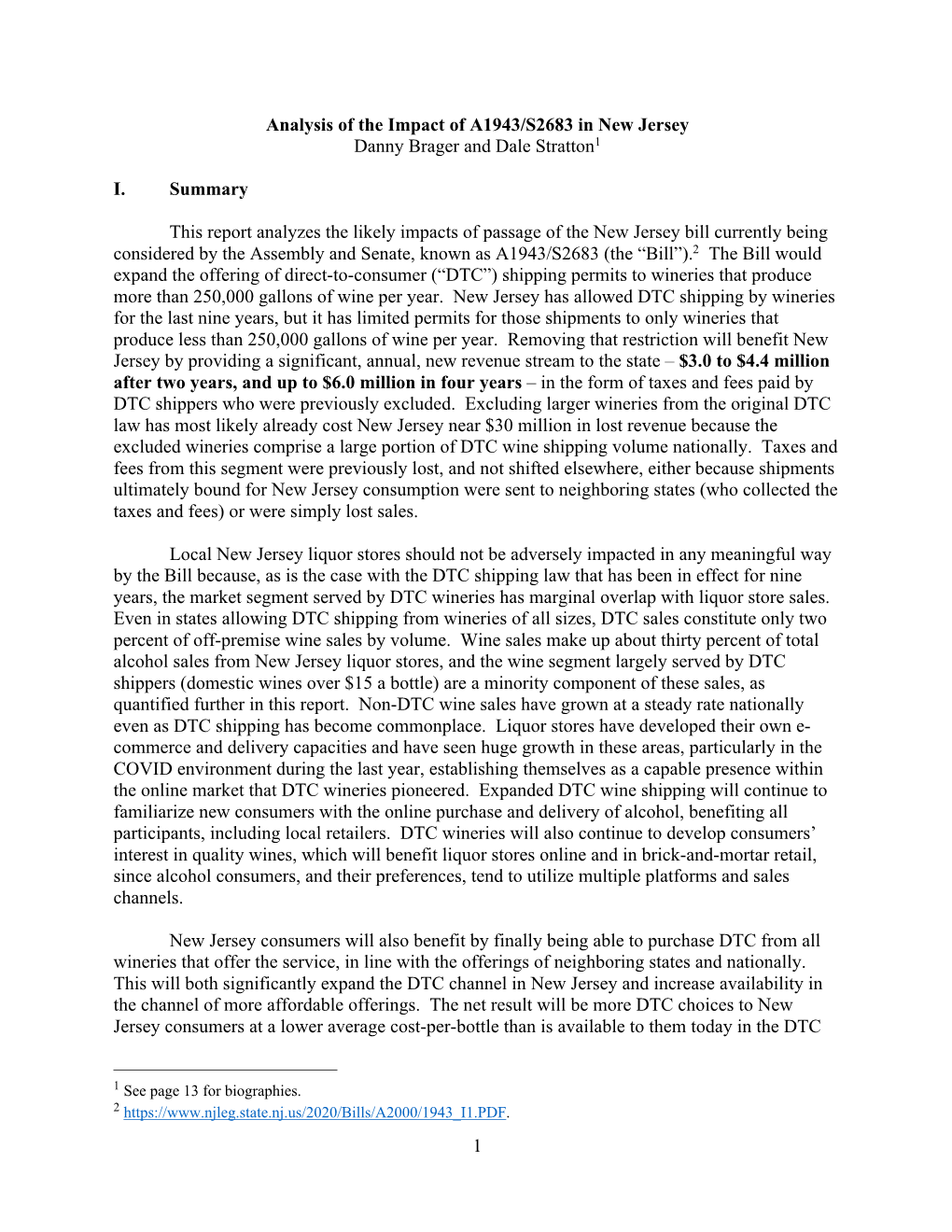 Analysis of the Impact of A1943 S2683 in New Jersey Brager and Stratton