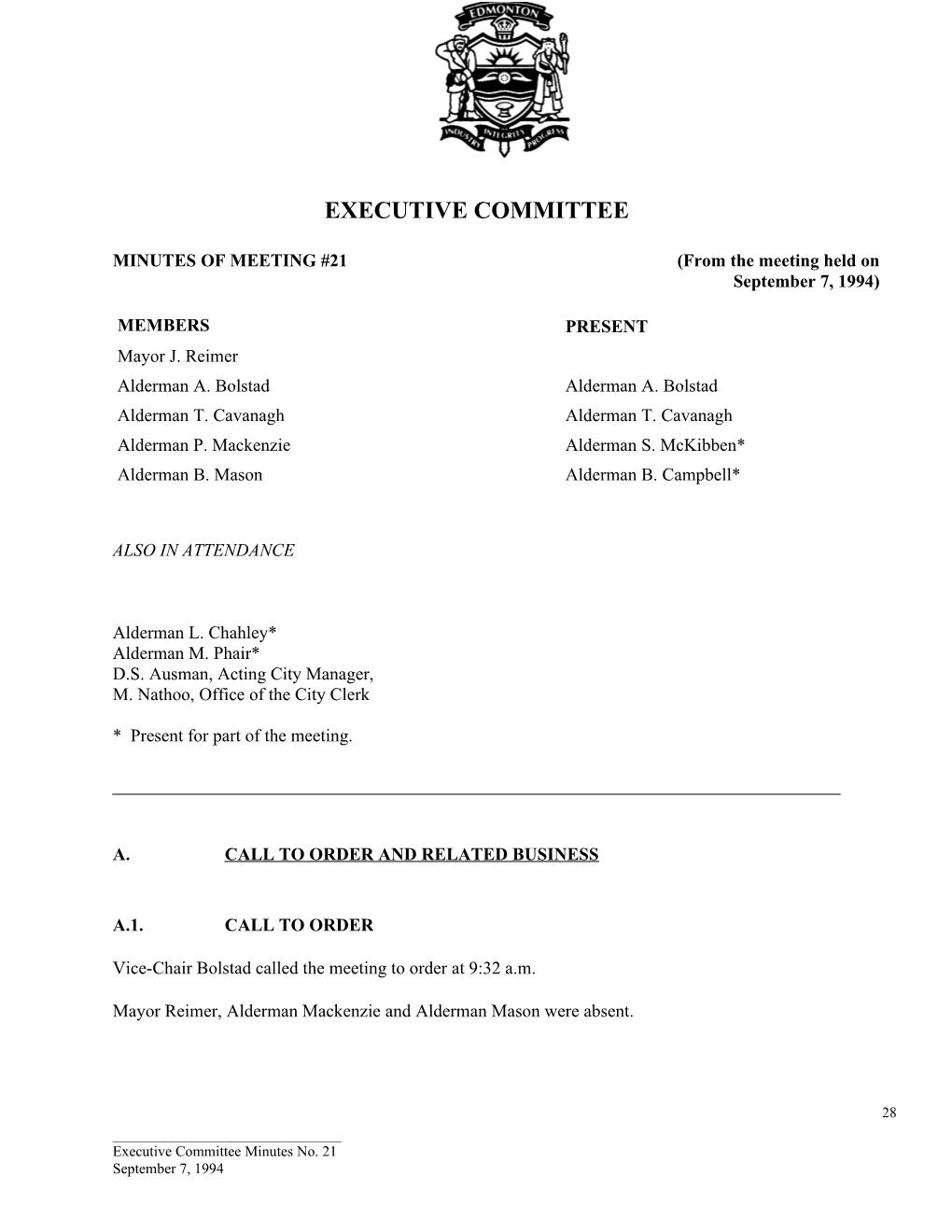 Minutes for Executive Committee September 7, 1994 Meeting