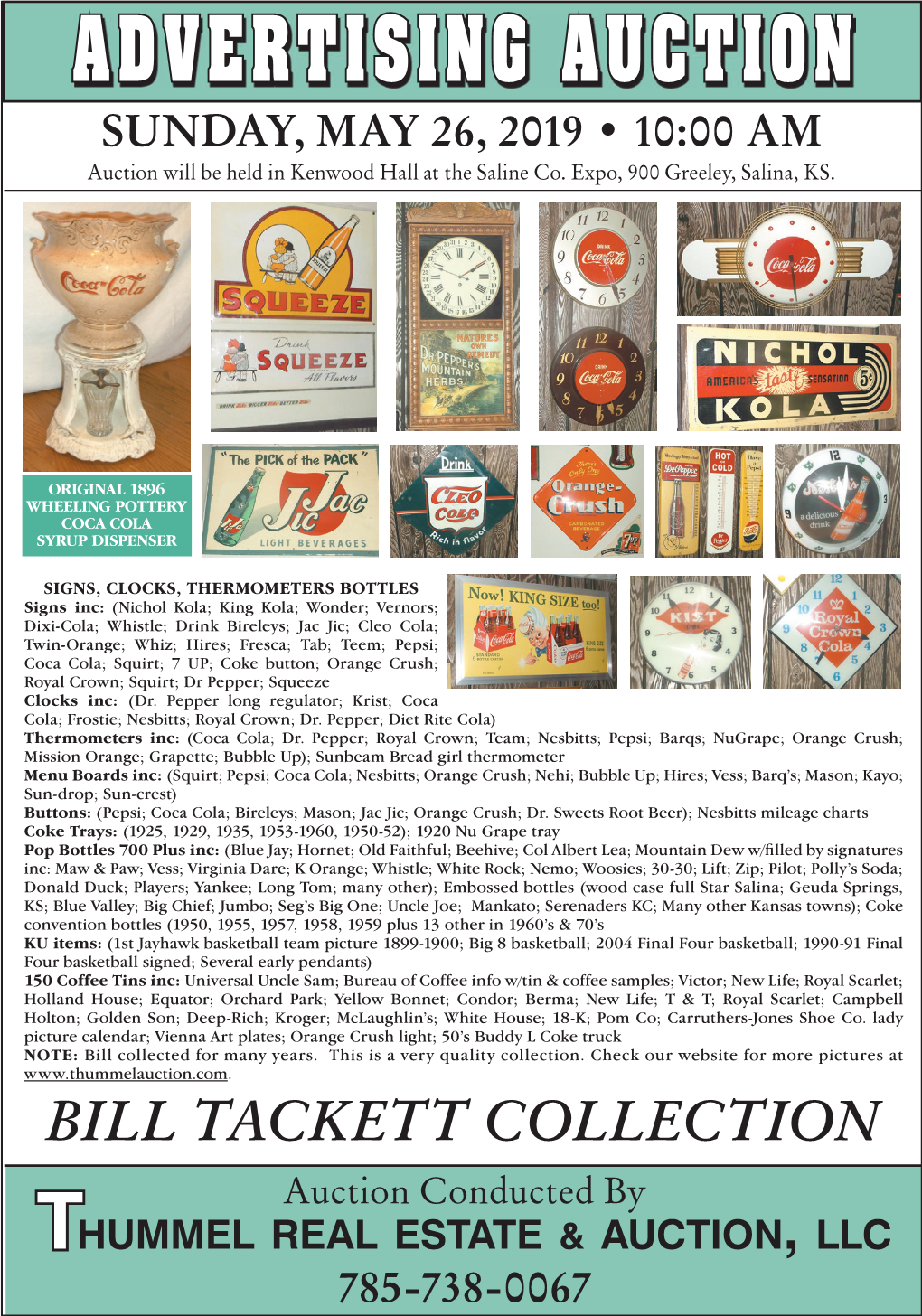 ADVERTISING AUCTION SUNDAY, MAY 26, 2019 • 10:00 AM Auction Will Be Held in Kenwood Hall at the Saline Co