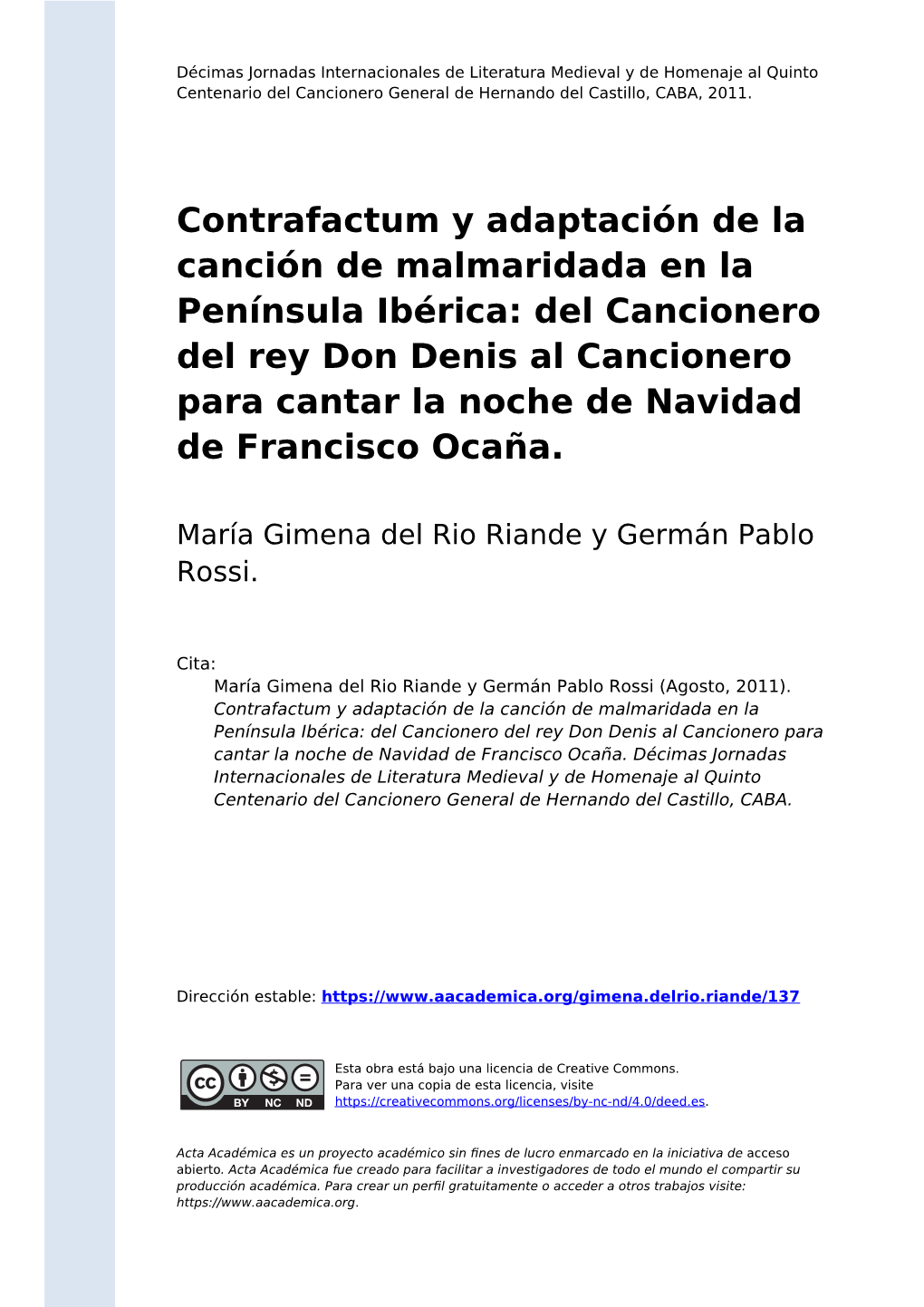 Contrafactum Y Adaptación De La Canción De Malmaridada En La Península Ibérica