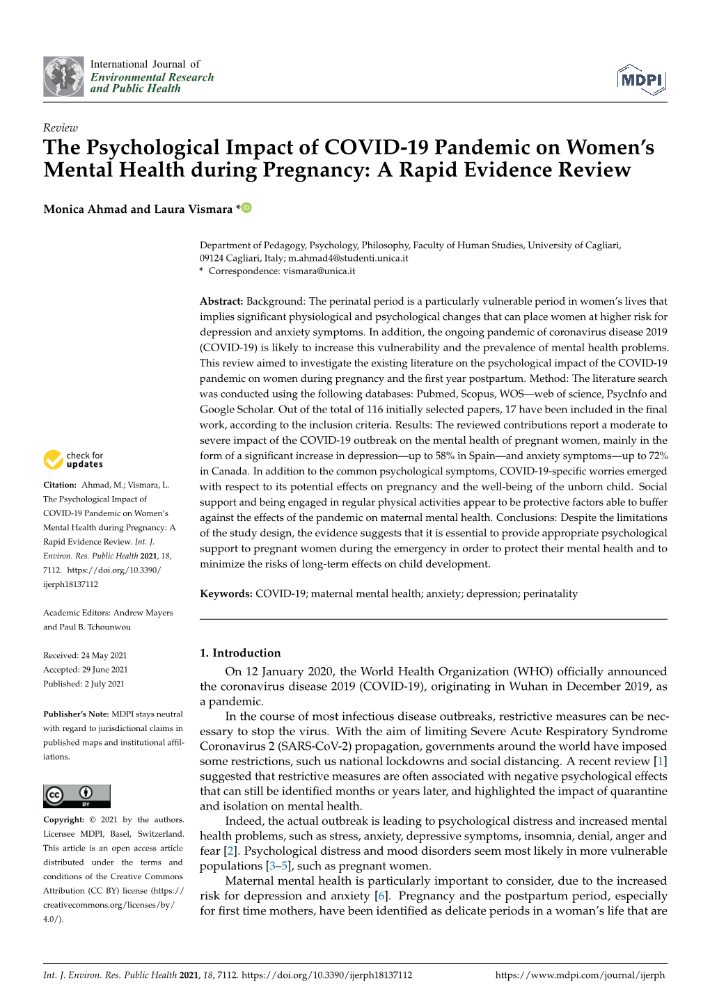 The Psychological Impact of COVID-19 Pandemic on Women's