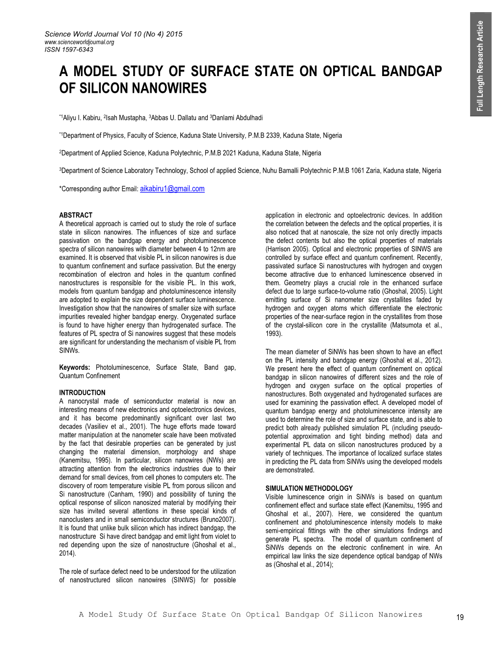 A Model Study of Surface State on Optical Bandgap of Silicon Nanowires