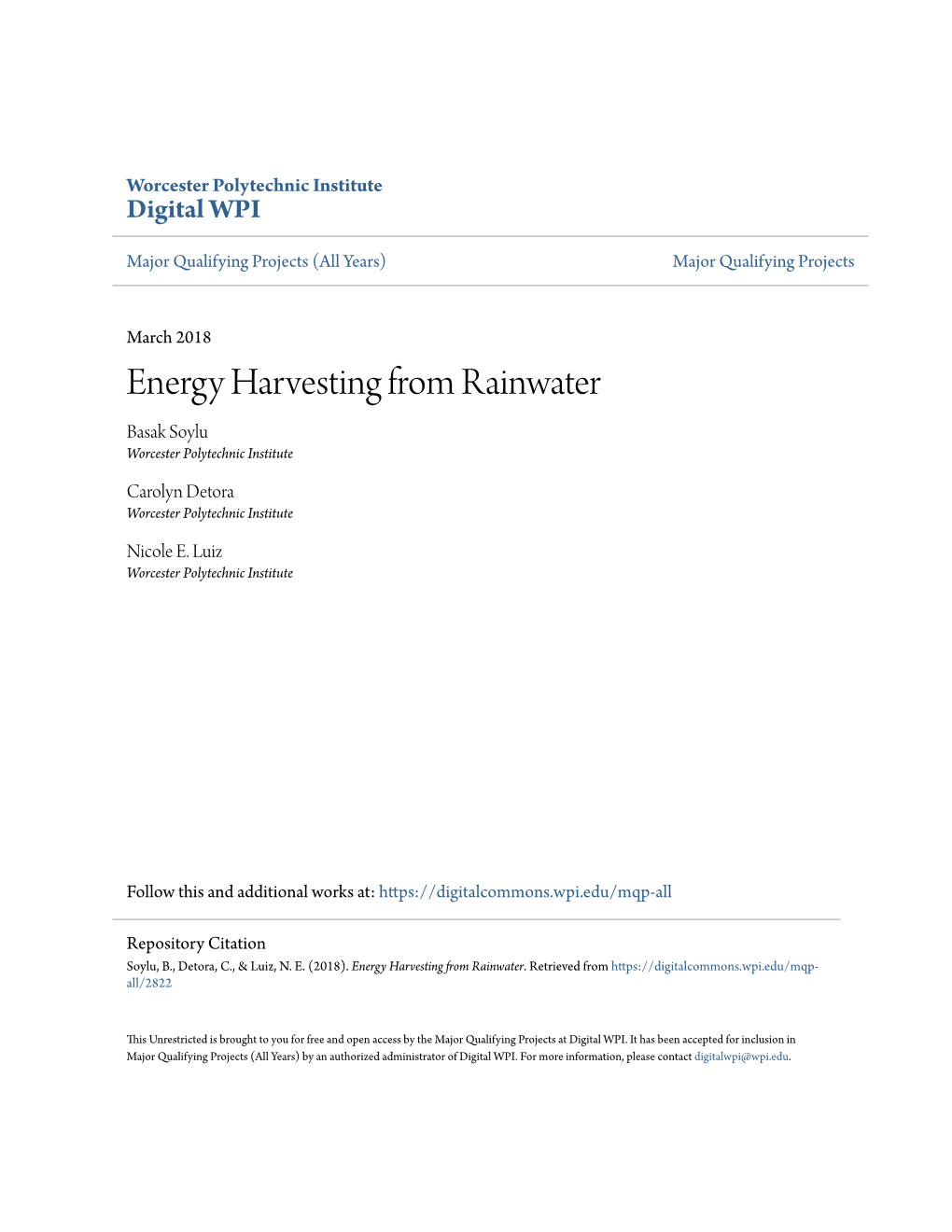 Energy Harvesting from Rainwater Basak Soylu Worcester Polytechnic Institute