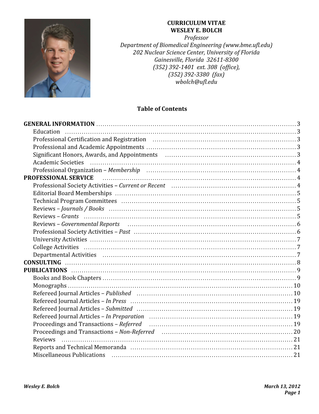 CURRICULUM VITAE WESLEY E. BOLCH Professor