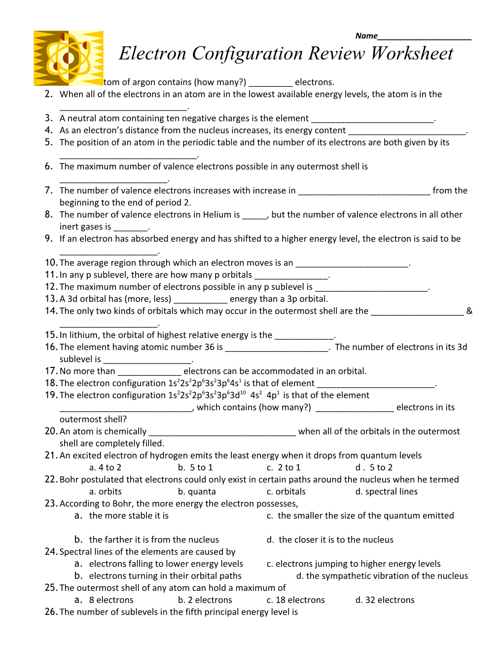 Electron Configuration Worksheet