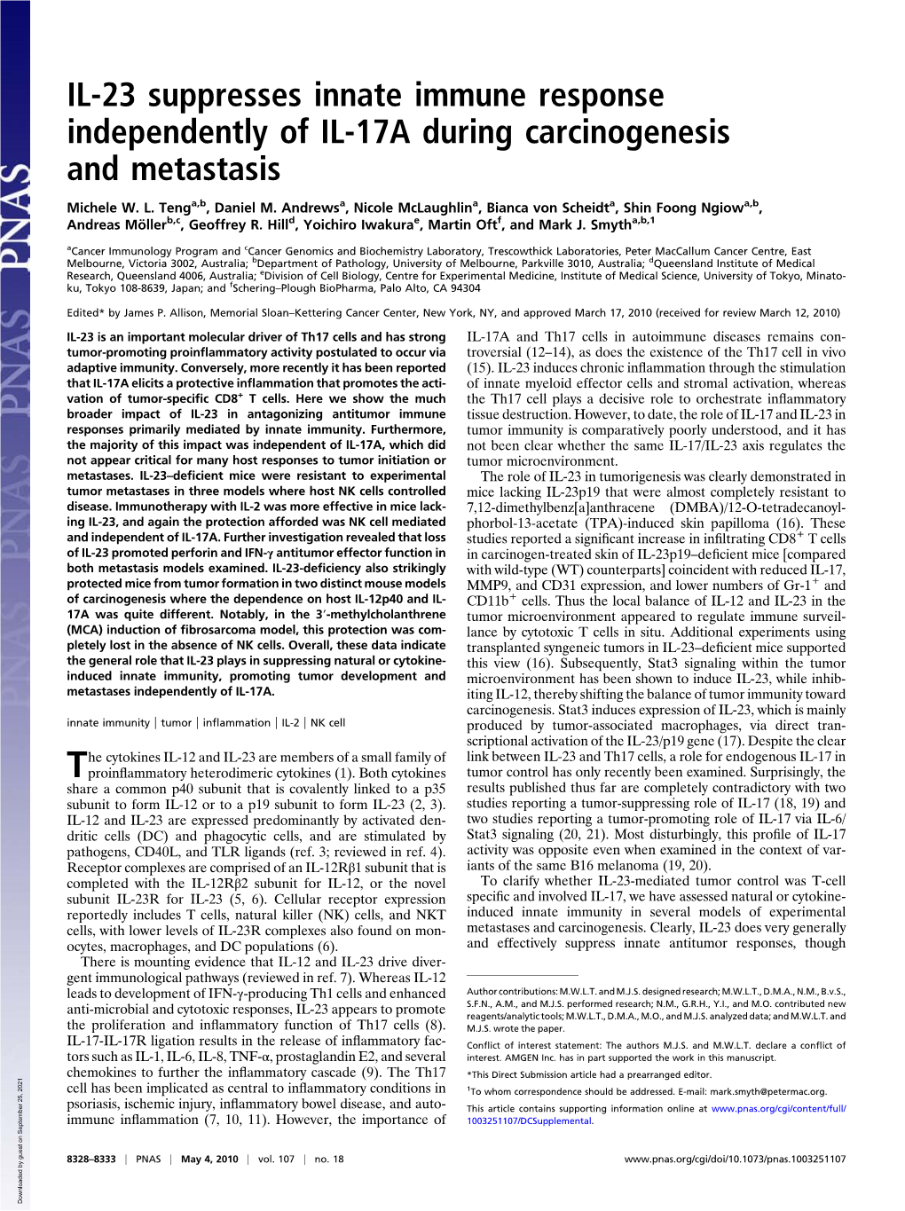 IL-23 Suppresses Innate Immune Response Independently of IL-17A During Carcinogenesis and Metastasis