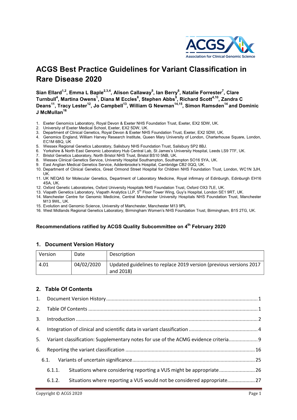 ACGS Best Practice Guidelines for Variant Classification in Rare Disease 2020