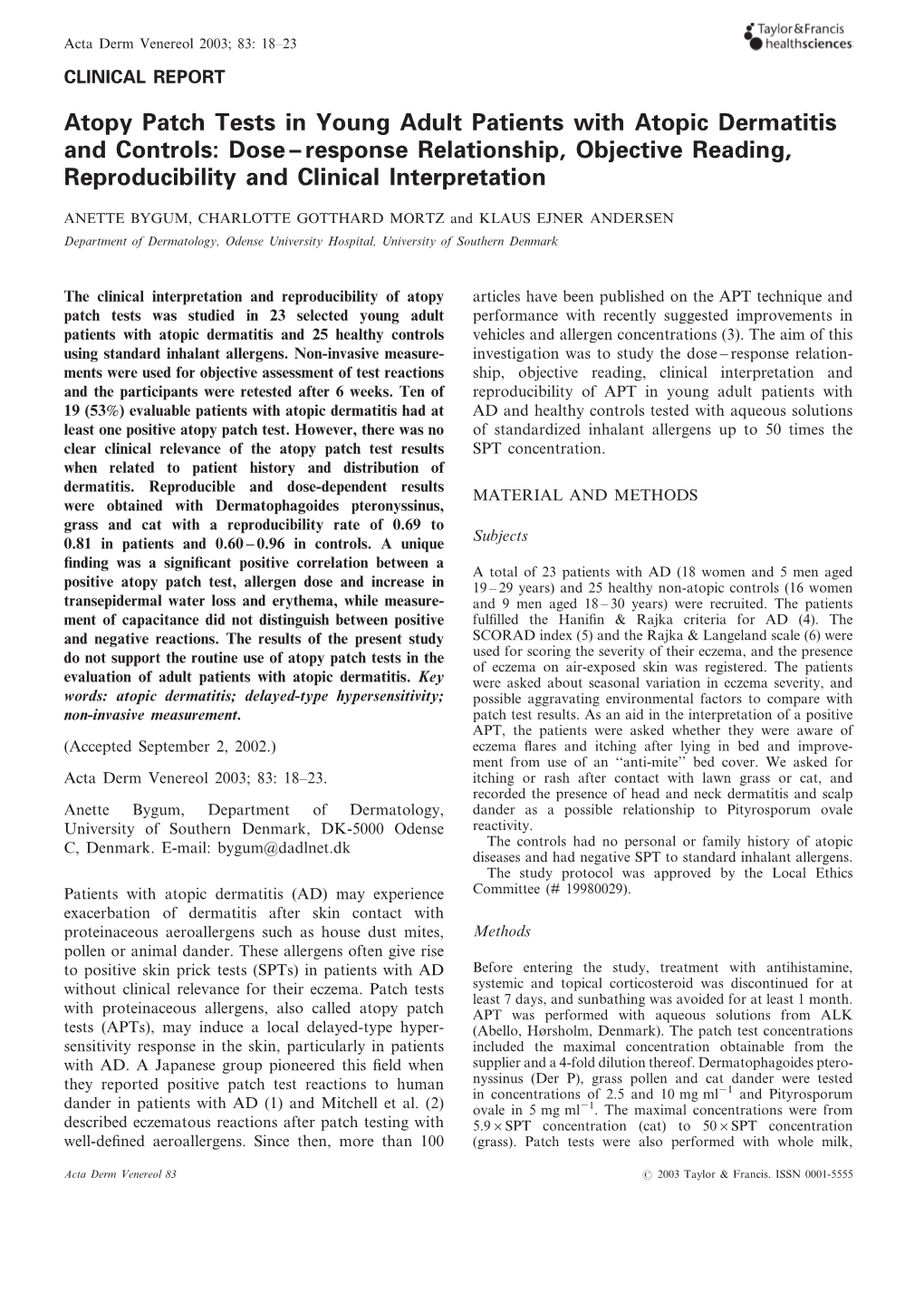 Atopy Patch Tests in Young Adult Patients