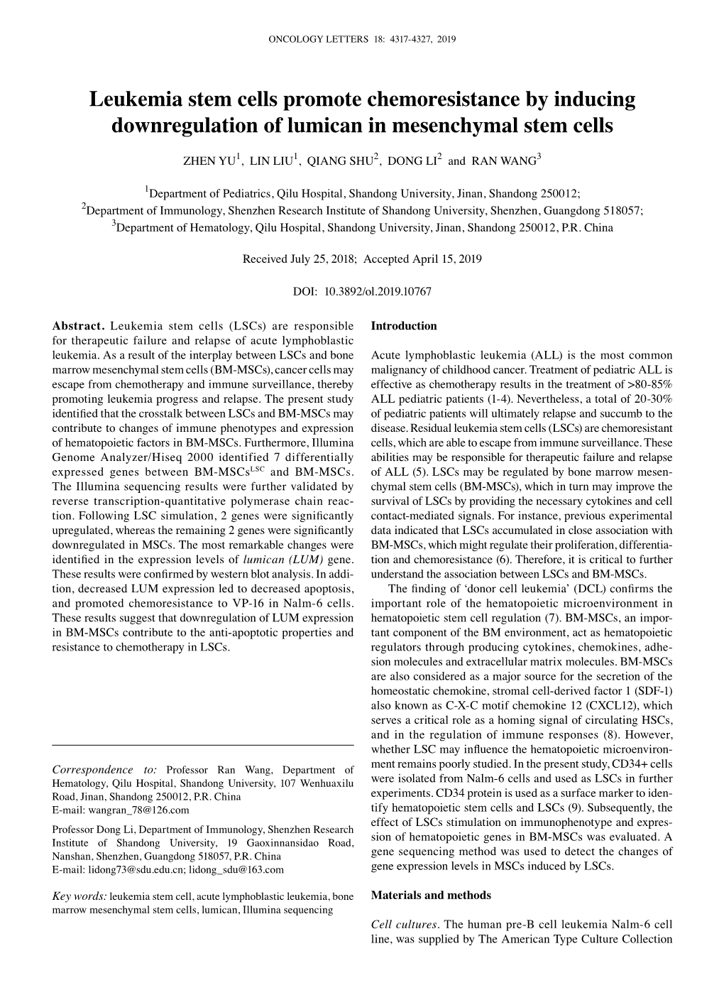 Leukemia Stem Cells Promote Chemoresistance by Inducing Downregulation of Lumican in Mesenchymal Stem Cells