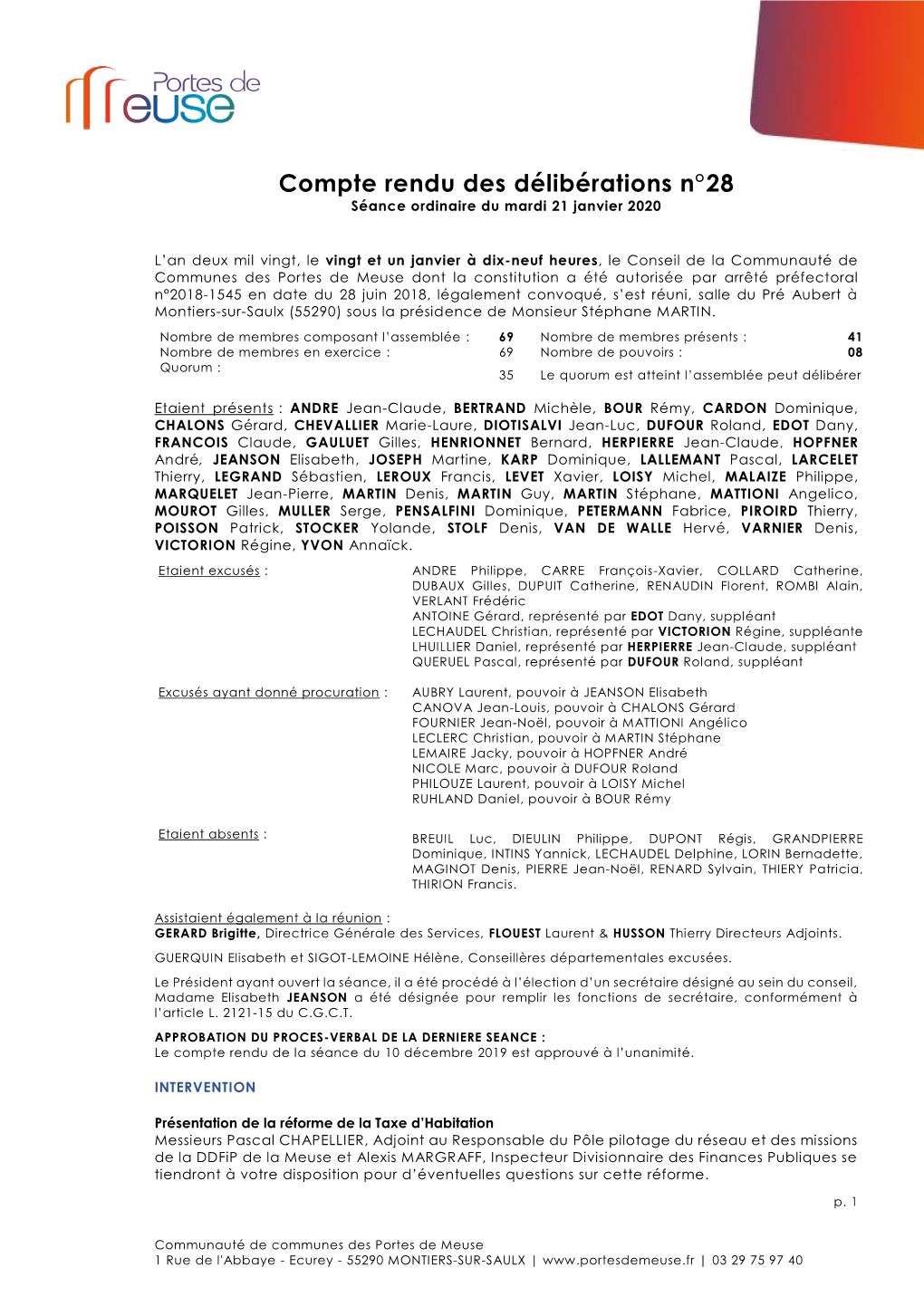 Compte Rendu Des Délibérations N°28 Séance Ordinaire Du Mardi 21 Janvier 2020