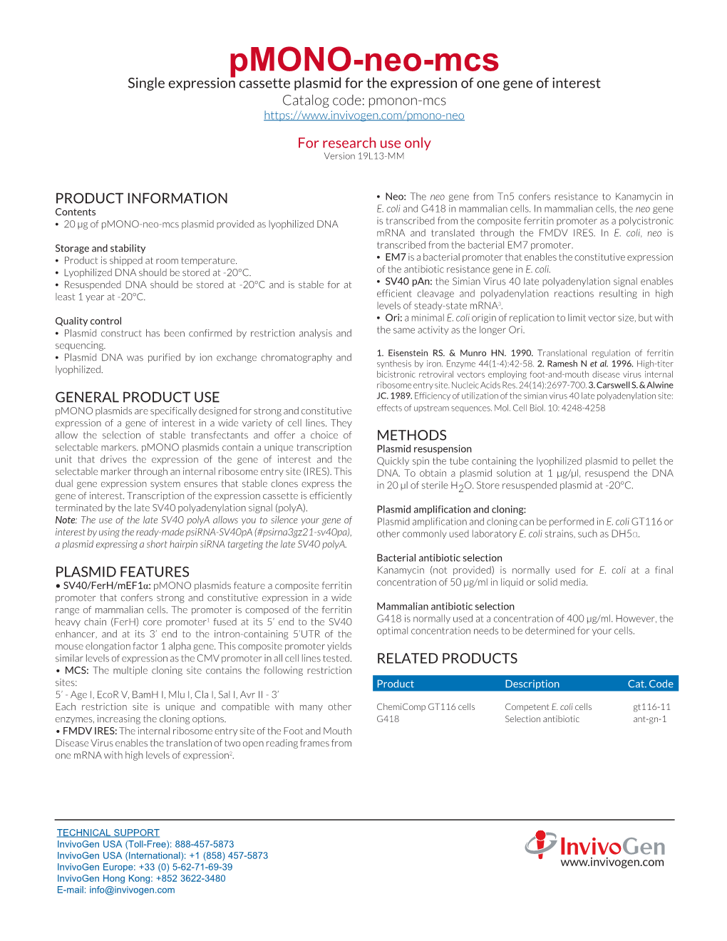 Pmono-Neo-Mcs | Data Sheet | Invivogen