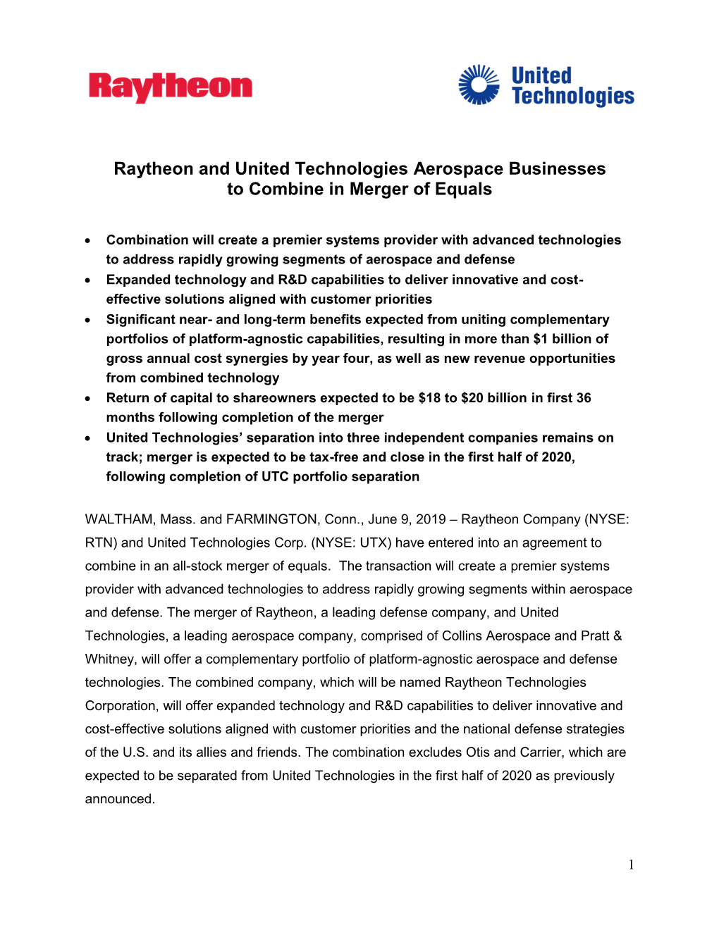 Raytheon and United Technologies Aerospace Businesses to Combine in Merger of Equals