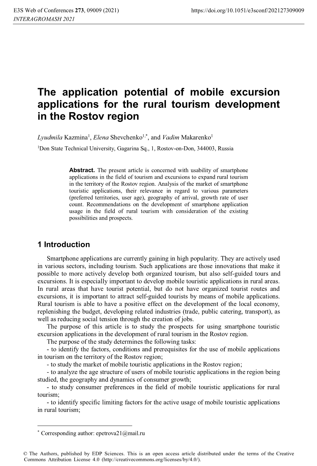 The Application Potential of Mobile Excursion Applications for the Rural Tourism Development in the Rostov Region