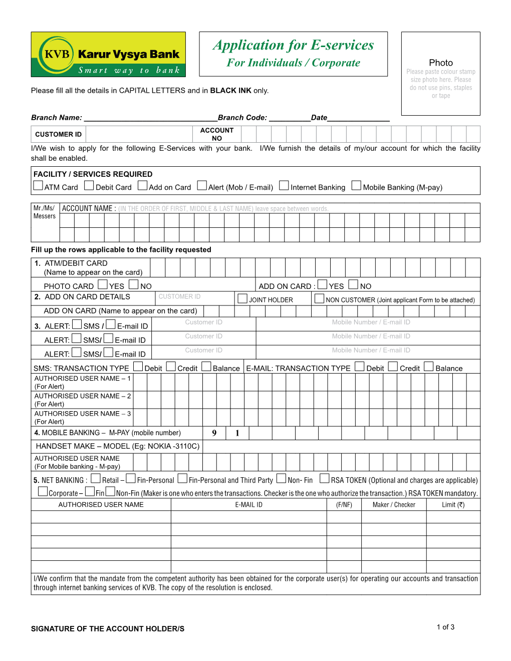 Application for E-Services for Individuals / Corporate Photo Please Paste Colour Stamp Size Photo Here