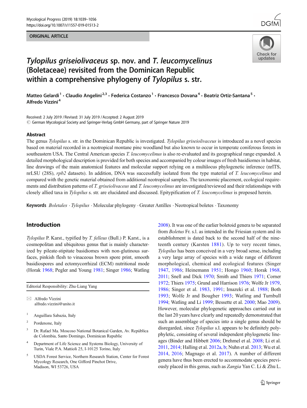 Tylopilus Griseiolivaceus Sp. Nov. and T. Leucomycelinus (Boletaceae) Revisited from the Dominican Republic Within a Comprehensive Phylogeny of Tylopilus S