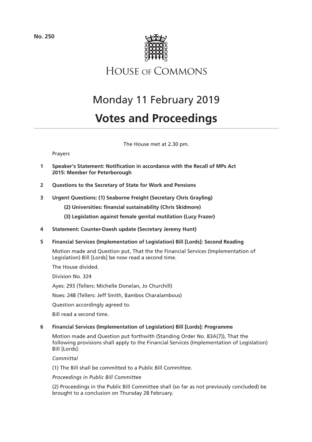 Votes and Proceedings for 11 Feb 2019